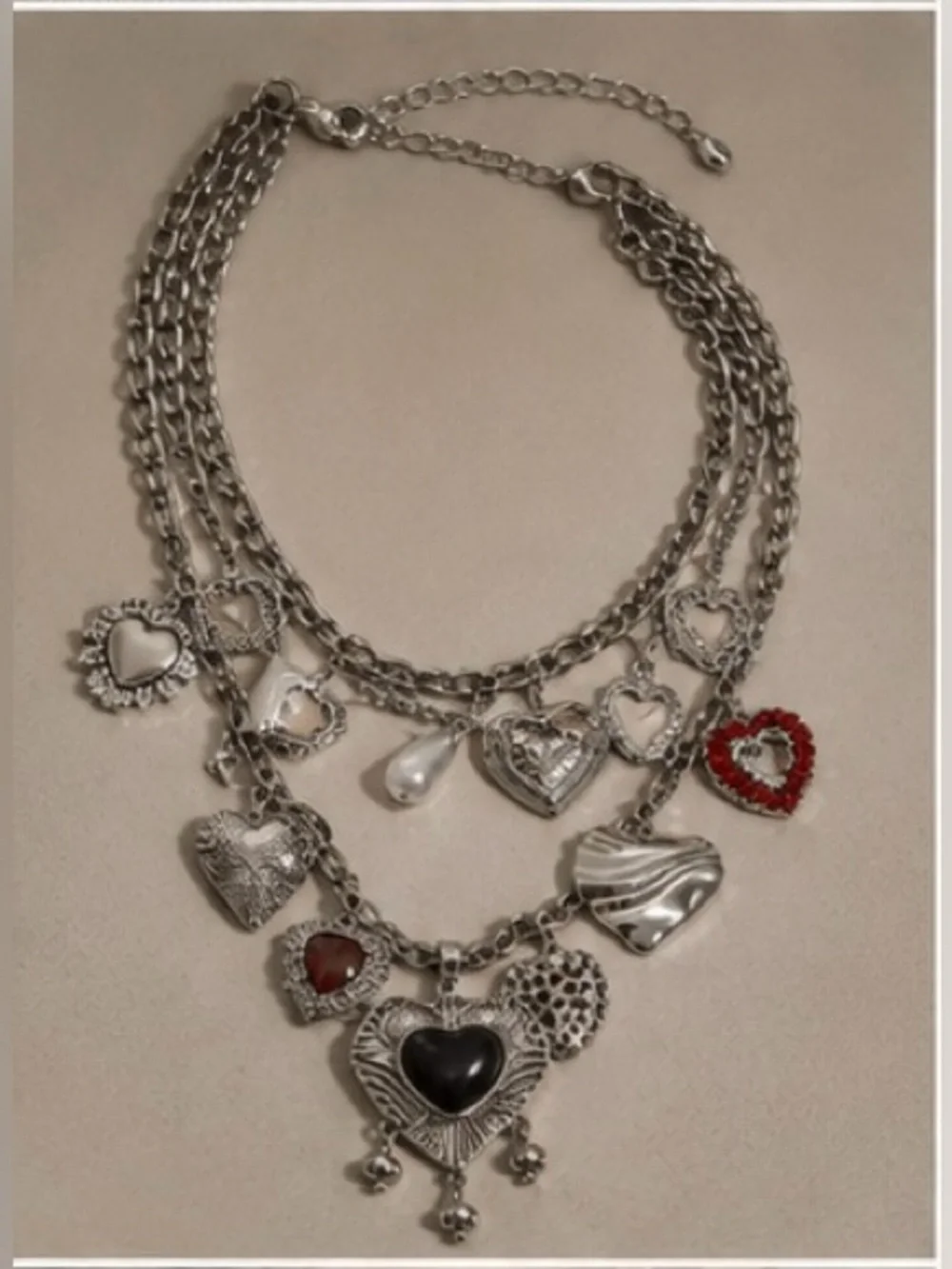 Silver Heart Multi-Charm Necklace with Red and Black Accents